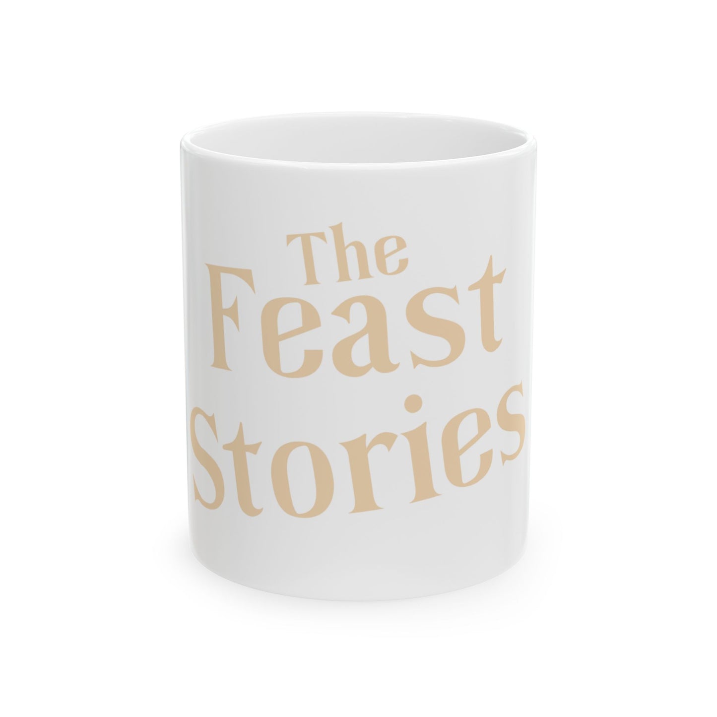 The Feast Stories Ceramic Mug — Pale Gold Lettering Coffee Cup (11oz, 15oz) - Akram