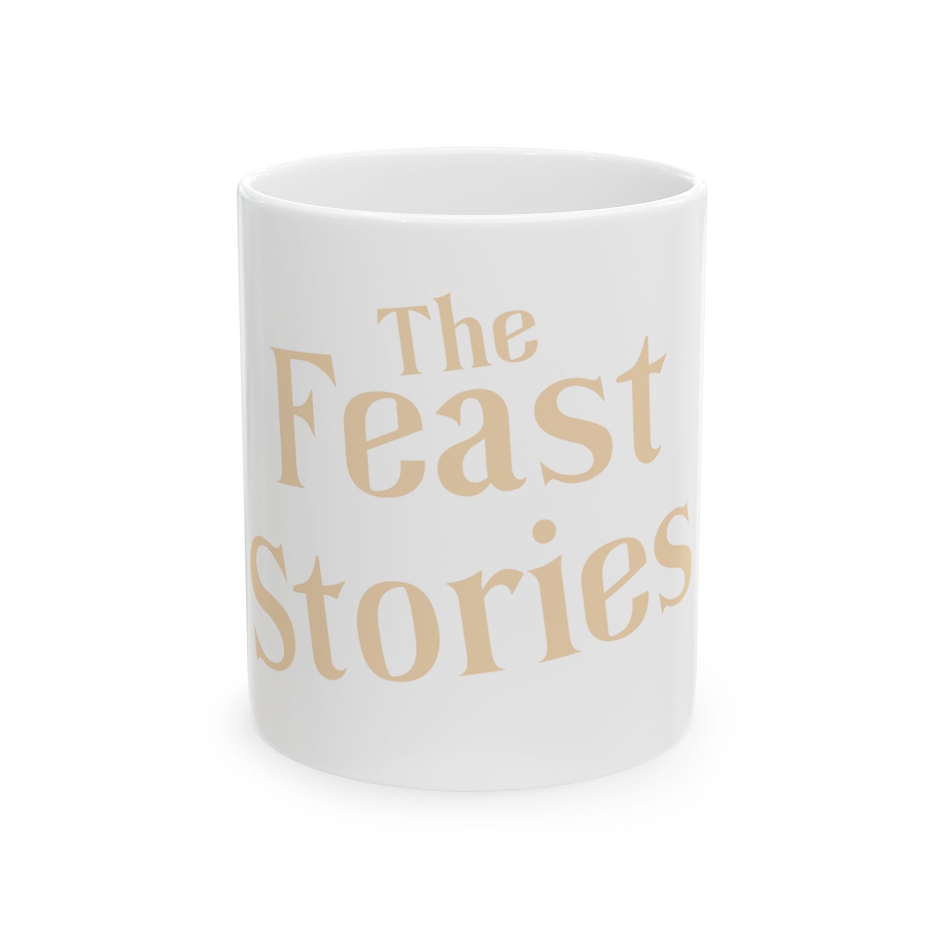 The Feast Stories Ceramic Mug — Pale Gold Lettering Coffee Cup (11oz, 15oz) - Akram