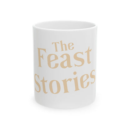 The Feast Stories Ceramic Mug — Pale Gold Lettering Coffee Cup (11oz, 15oz) - Akram