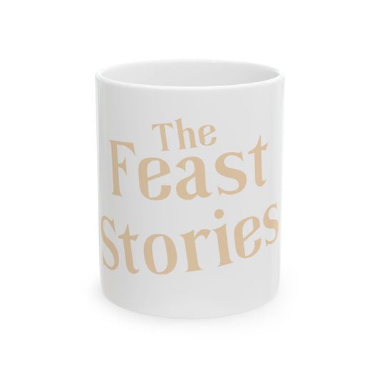 The Feast Stories Ceramic Mug — Pale Gold Lettering Coffee Cup (11oz, 15oz) - Akram